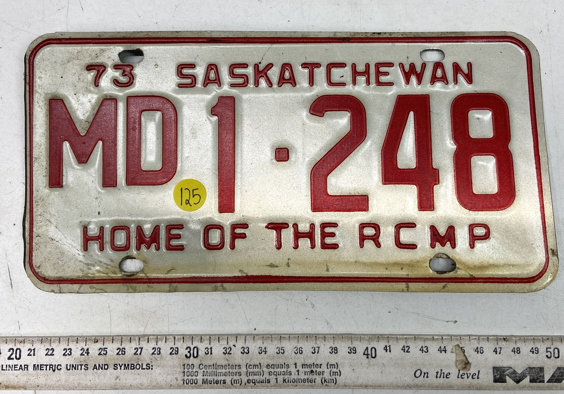 1973 Saskatchewan Canada Vintage License Plate MD 1248