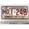 1973 Saskatchewan Canada Vintage License Plate MD 1-248