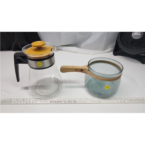 Pyrex tinted glass cooking pot - wooden handle & Glass 12cup coffee pot ...