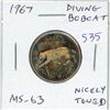 Image 1 : 1967 Diving Bobcat Canadian Silver 25 Cents. Rotated Die. MS-63. Nicely Toned. Scarce.