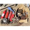 Image 1 : Box of assorted metal scrapes & motor parts + 4 fire extinguishers