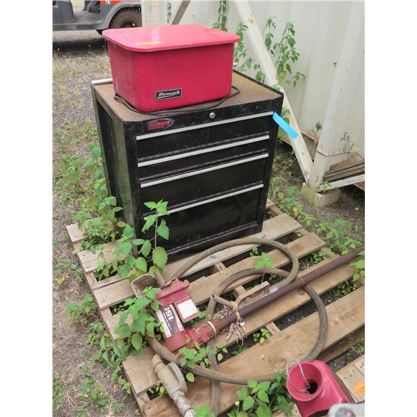 Black Toolbox, Red Parts Washer & Hand-Crank Fuel Pump