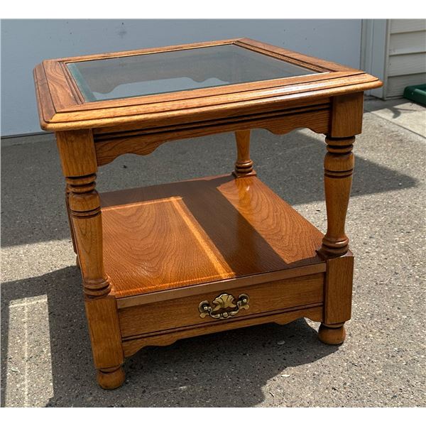 GLASS TOP WOODEN SIDE TABLE WITH DRAWER