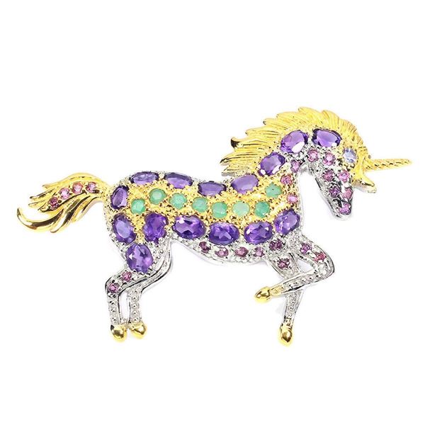 Natural Amethyst Emerald Tanzanite Unicorn Brooch