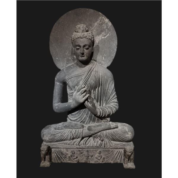 Rare Grey Schist Figure of Seated Buddha, Gandhara