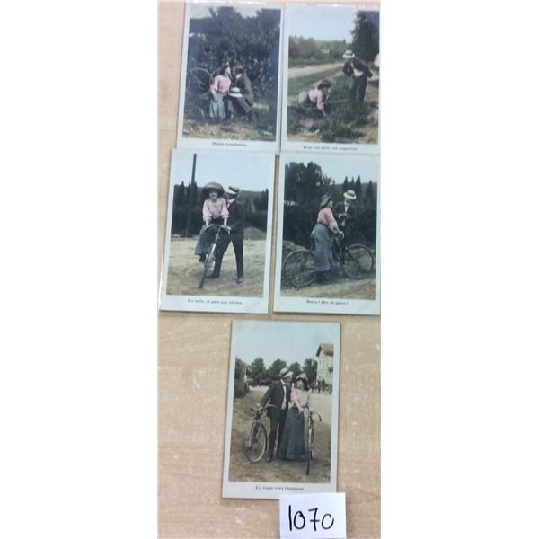 Group of 5 Tinted Photo Romance Bicycle Postcards