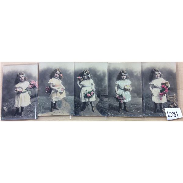 Group of 5 Girl & Basket of Eggs Tinted Photo Postcards