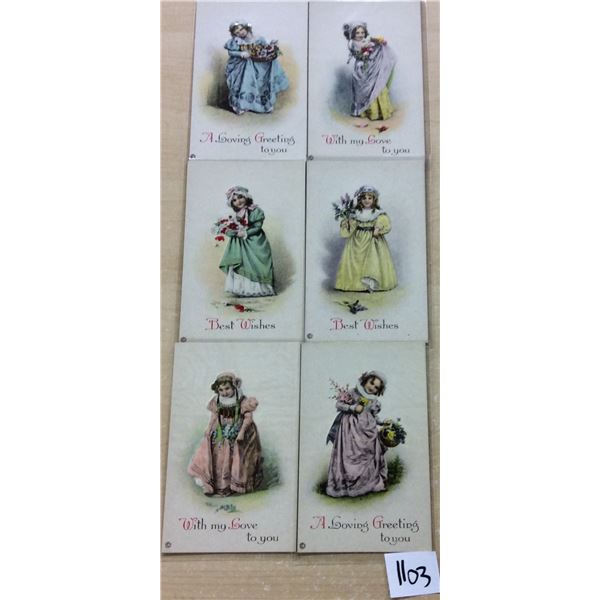 Group of 6 Greeting Girl & Flowers Postcards