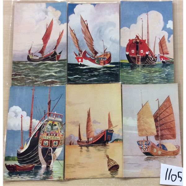 Set of 6 & Wrapper Chinese Junk Ship Postcards