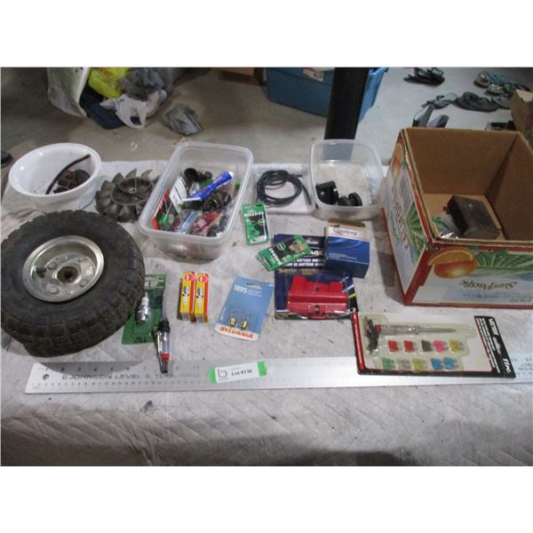 Lot of Spark Plugs, Fuses, Used Dolly Tire, Misc. Parts