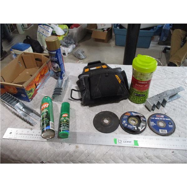 Lot of Tough Built Tool Belt, Brake Cleaner, Cut Off Disks, Misc.