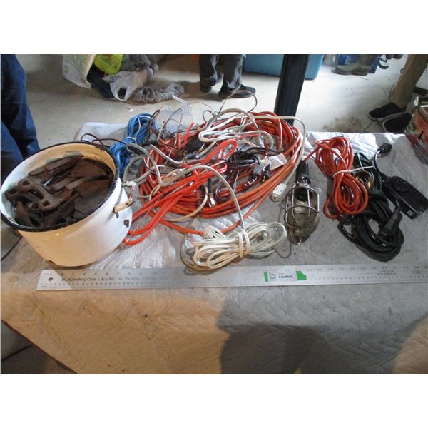 Lot of Cords, Trouble Light, Nails, Swather Guards, Misc.