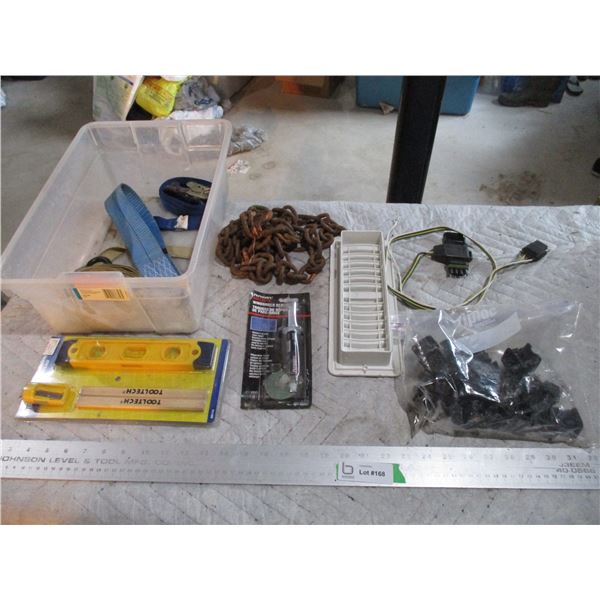 Lot of Carpenter Pencils, Ratchet Straps, Chains, Misc.