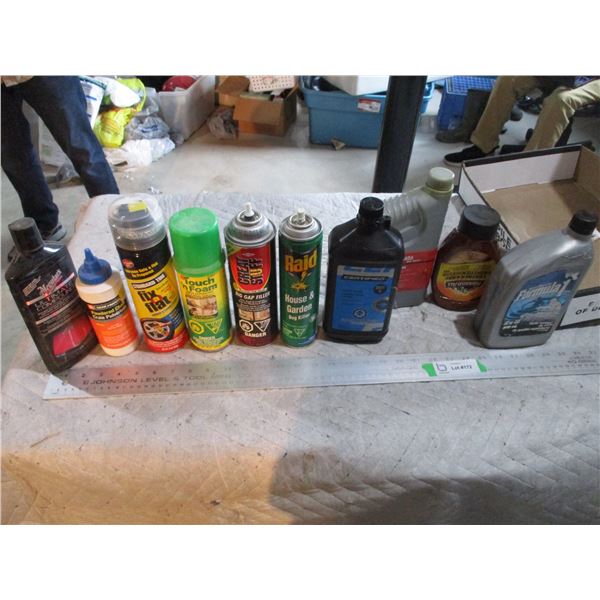 Lot of Raid, Brake Fluid, 10W40 Motor Oil, Leather Care, Chalk Line Powder, Misc.