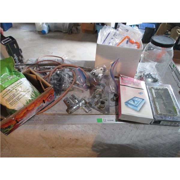 Lot of Piano Hinges, Brackets, Mouse Traps, Grass Seed, Misc.