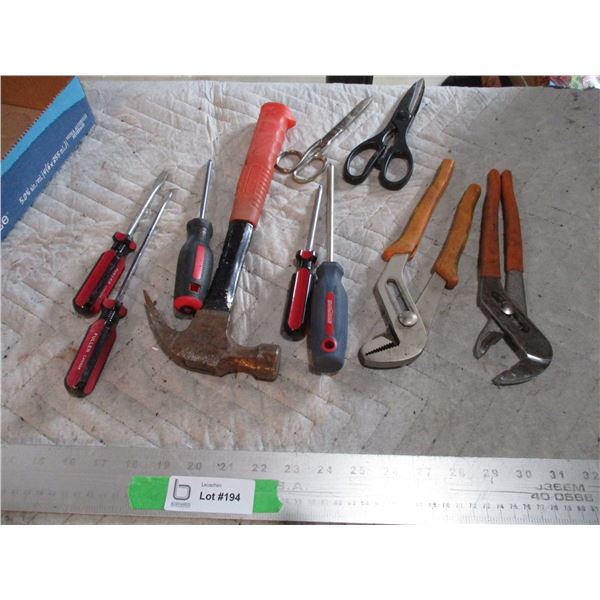 Lot of Screw Drivers, Hammer, Water Pump Pliers, Scissors