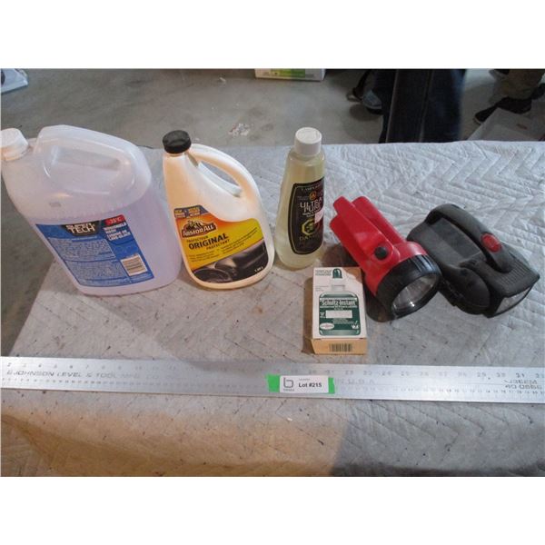 Lot of Flashlights, Armour All, Windshield Washer Fluid, Lamp Oil, Misc.