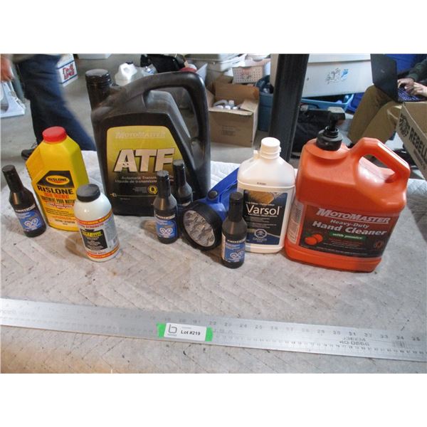MotoMaster Hand Cleaner, Gasoline Antifreeze, Transmission Fluid, Flashlight