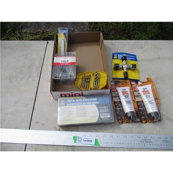 50 Piece Riveting Set, Feeler Gauge, Post Terminal Cleaner, Drill Bits, Misc.