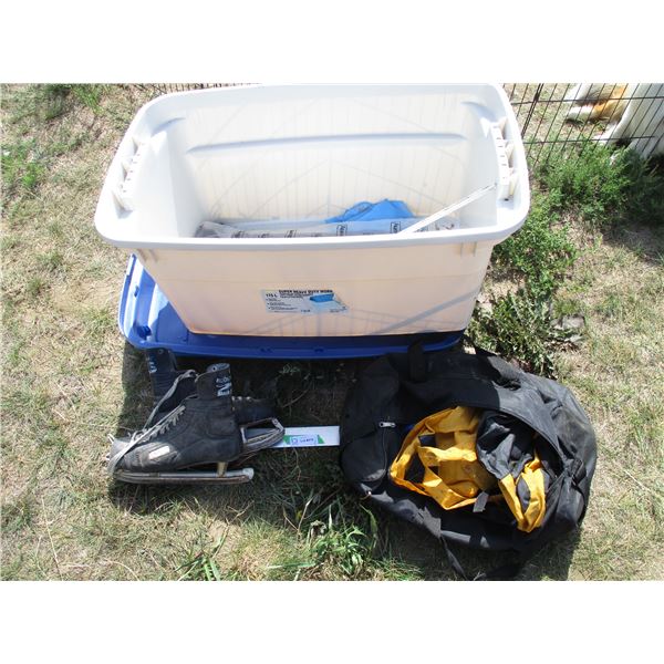 Skates, Duffle Bag, Tub with Lid, Misc.