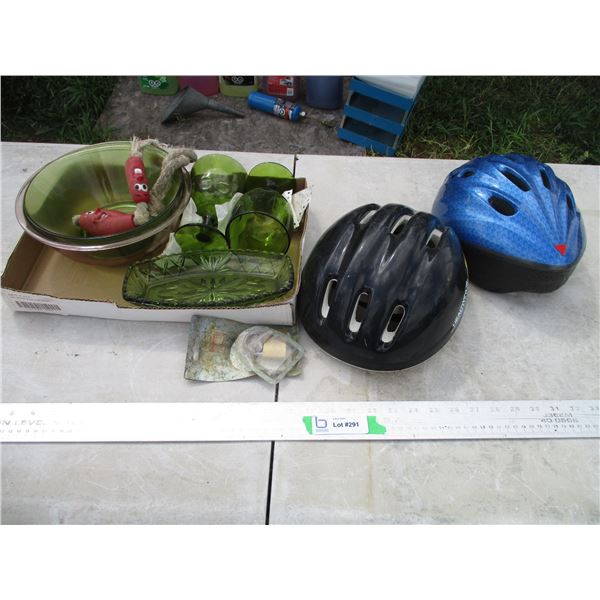 (2) Bike Helmets, Lock, Misc. Glassware