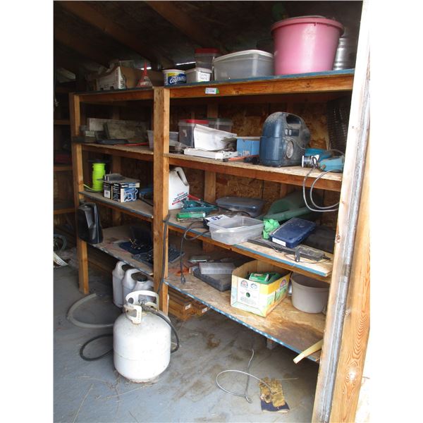 Shelving Unit with Bug Zapper, Drills, Propane Tank, Misc.