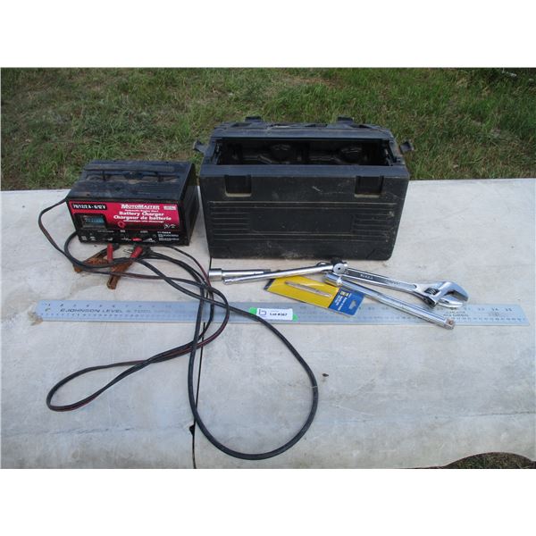 Small Tool Box with Contents, Battery Charger