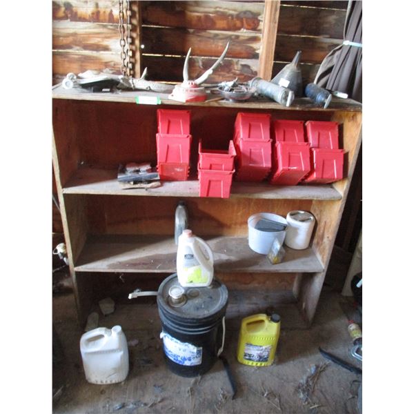 3 Tier Shelf with Storage Containers, Funnel, Misc.