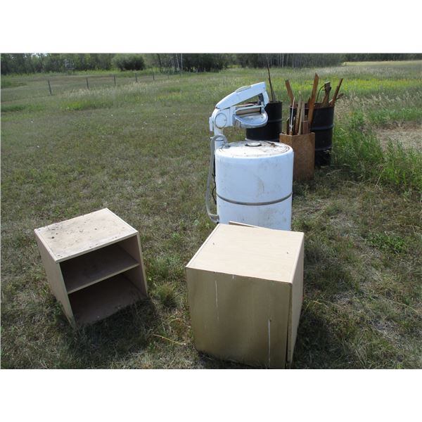 Stacking Shelving Unit, Axe, Ringer Washer, Barrels, Misc. Wood