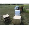 Image 1 : Stacking Shelving Unit, Axe, Ringer Washer, Barrels, Misc. Wood