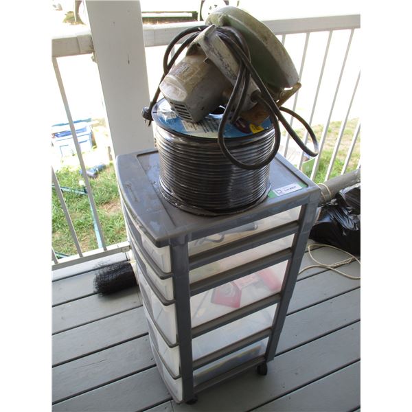 500' Roll of Coaxial Cable, Circle Saw, Plastic Storage Organizer