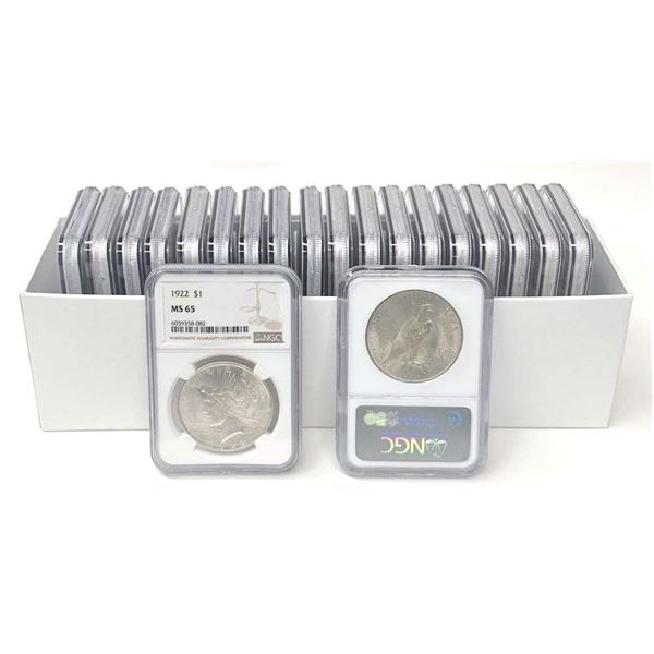 Box (20-coins) Common Date Peace Silver Dollars NGC MS65
