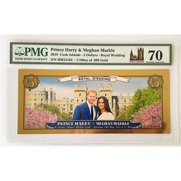 2018 Royal Wedding Harry & Megan Markle .999 Gold 1/100th ozt $5 Legal Tender PMG 70
