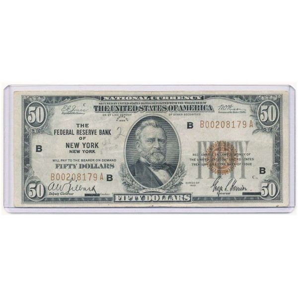 1929 The Federal Reserve Bank Of New York, New York $50 Note VG