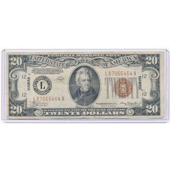 1934A Federal Reserve Hawaii $20 Note VG