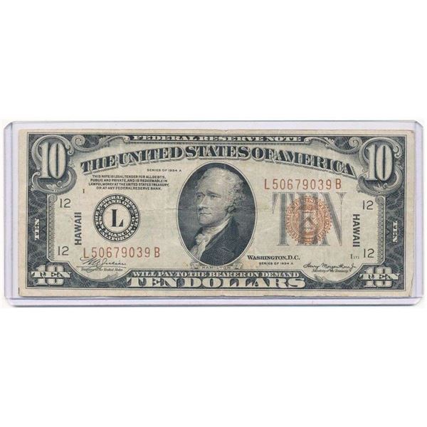 1934A Federal Reserve Hawaii $10 Note Good