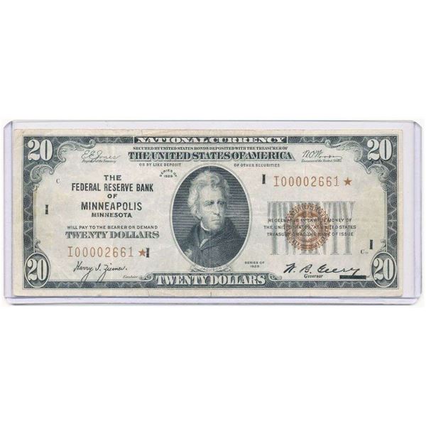 1929 The Federal Reserve Bank Of Minneapolis Minnesota $20 Star Note