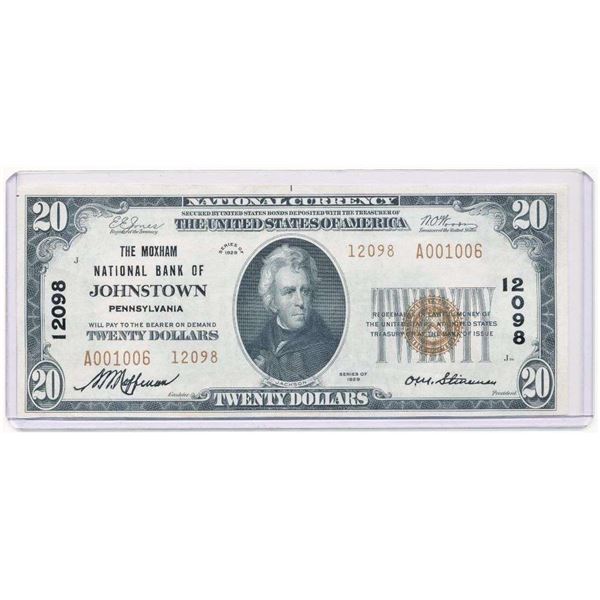 Super Rare 1929 The Moxham National Bank Of Johnstown Pennsylvania $20 Note Type 2 Unc. 64
