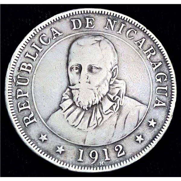 1912-H Republic Of Nicaragua 80% Silver 50 Centavos .321 oz AS