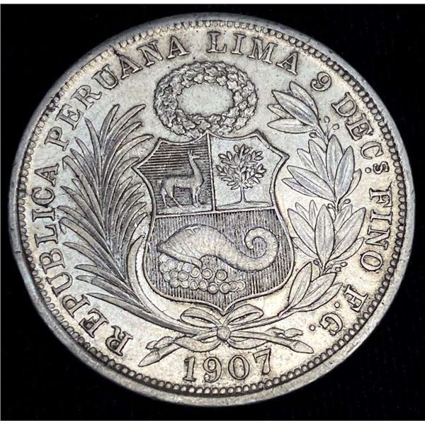 1907 Republic Of Peru 90% Silver 1/2 Sol .361 oz ASW