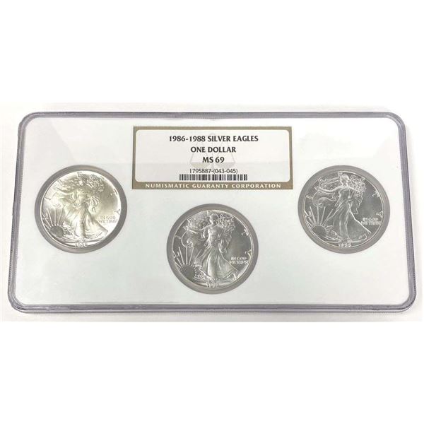 1986-1988 American Silver Eagle NGC MS69 (3-coins)