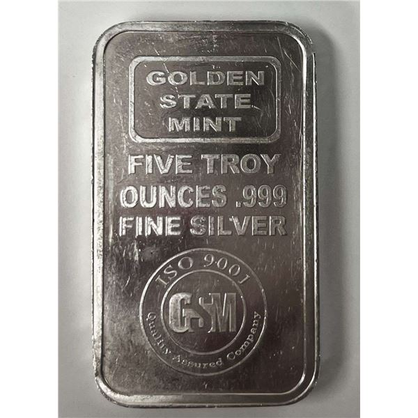Vintage Golden State Mint 5 ozt .999 Silver Bar