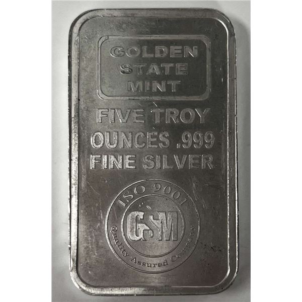 Vintage Golden State Mint 5 ozt .999 Silver Bar