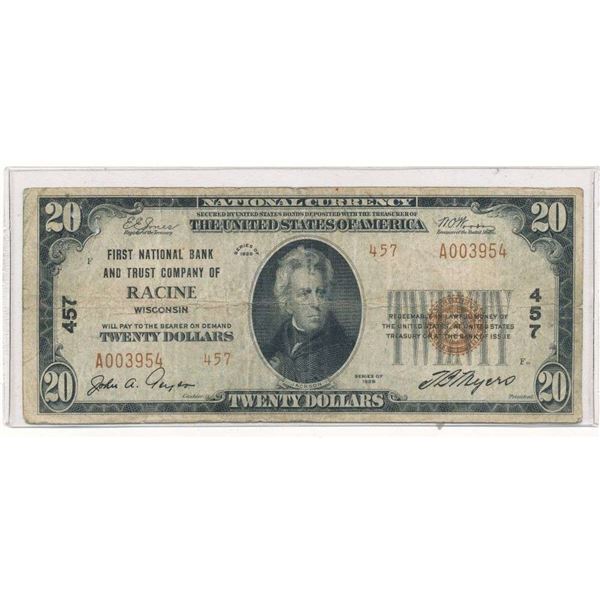 1929 First National Bank And Trust Company Of Racine Wisconsin $20 Bill