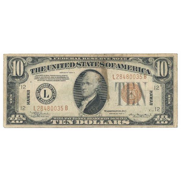 1934A Hawaii Overprint $10 Federal Reserve Note