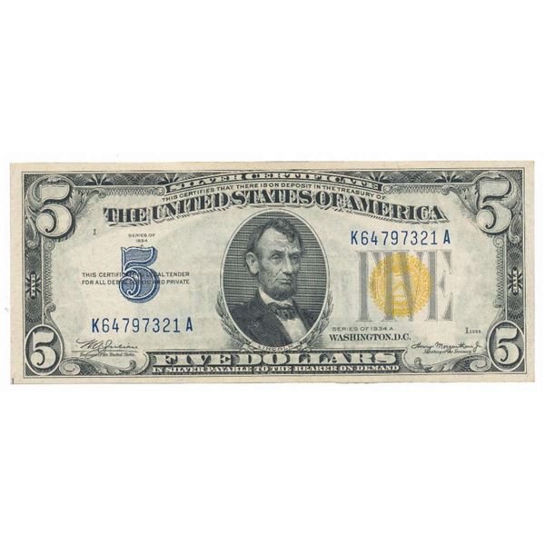 Yellow Seal 1934-A North Africa $5 Silver Certificate