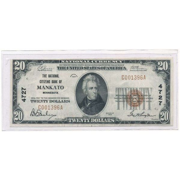 1929 The National Citizens Bank Of Mankato Minnesota $20 Bill