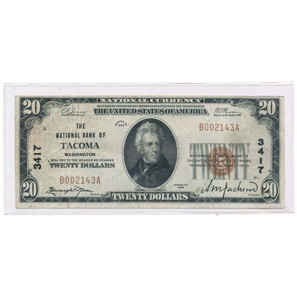 1929 The National Bank Of Tacoma Washington $20 Bill