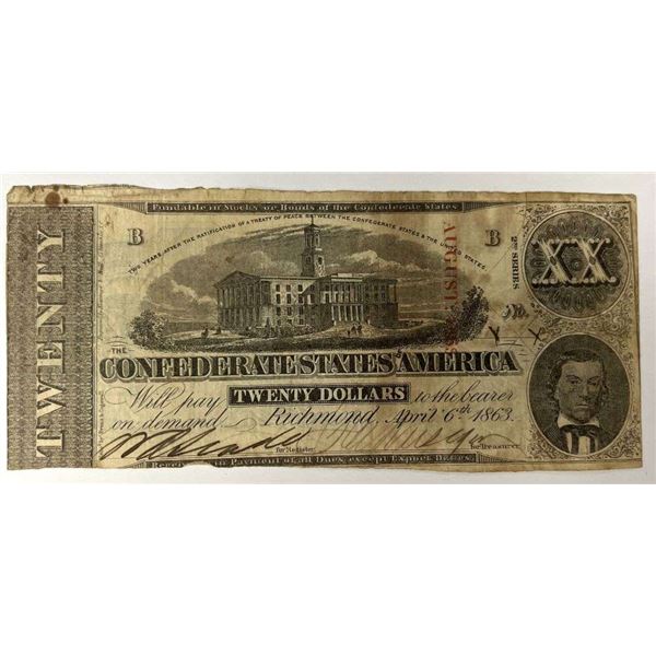 1863 Confederate States Of America $20 Richmond Note