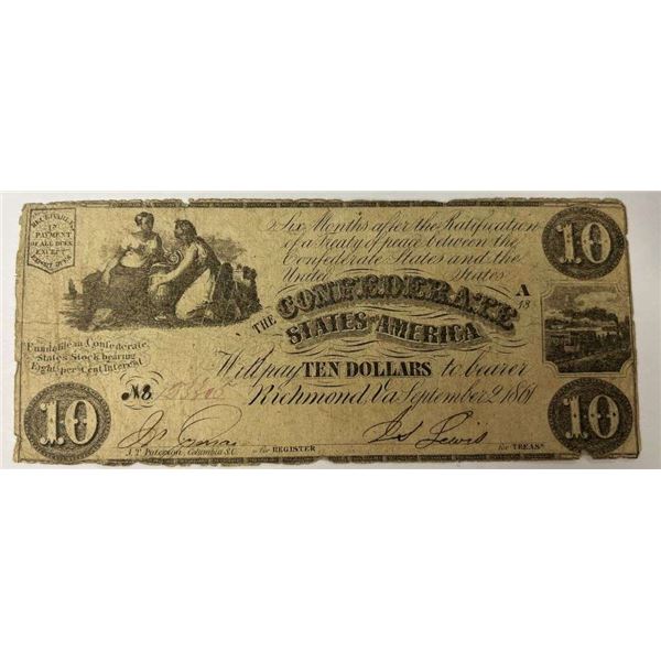 1861 Confederate States Of America $10 Richmond Note